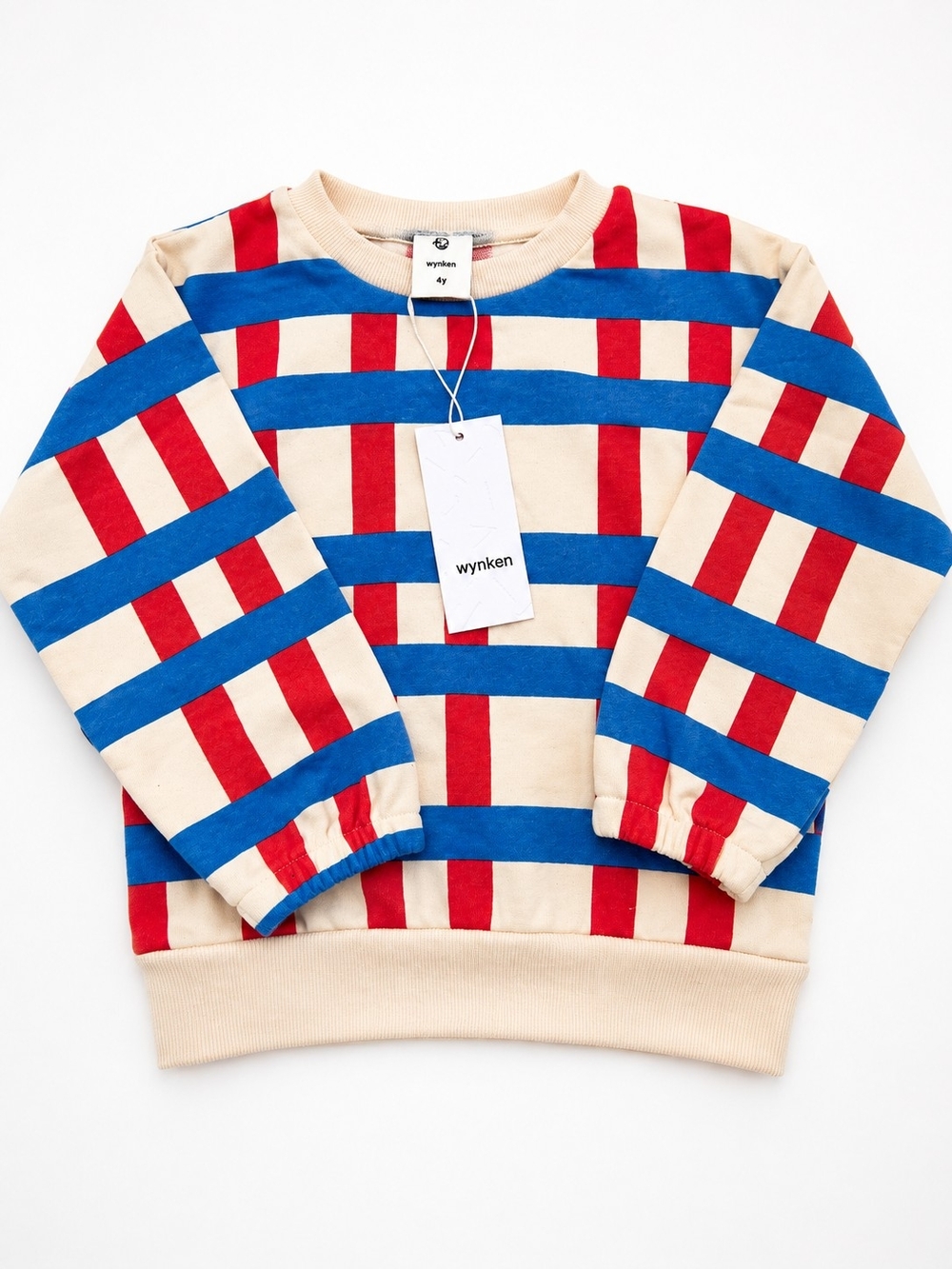 NWT Wynken Cream Striped Crewneck Sweater with Red & Blue Stripes 4y